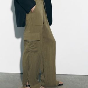 ZARA FULL LENGTH HIGH RISE FLOWY CARGO PANTS KHAKI NWOT! SZ MEDIUM OR 6/8